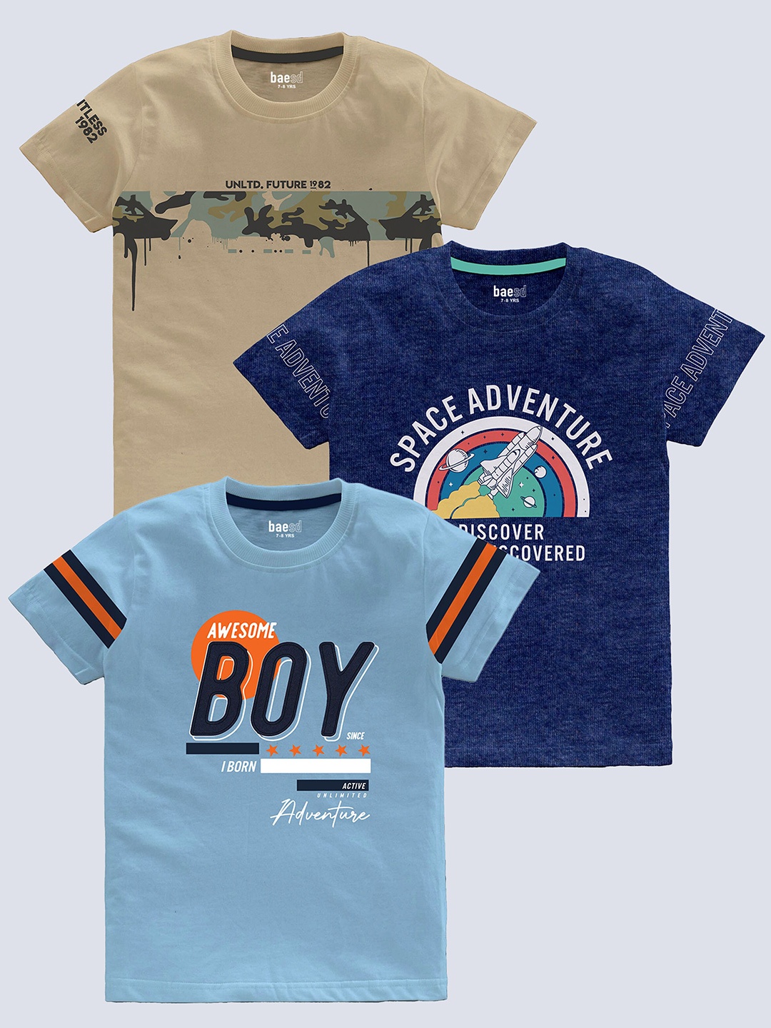 

BAESD Boys Pack Of 3 Typography Printed Pure Cotton T-shirt, Beige