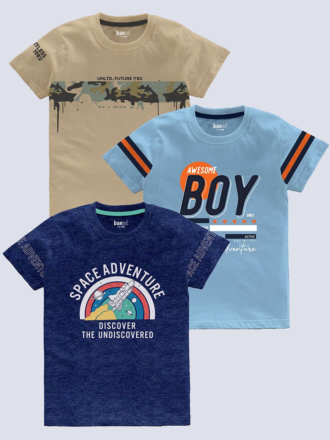 

BAESD Boys Pack Of 3 Typography Printed Pure Cotton T-shirt, Beige