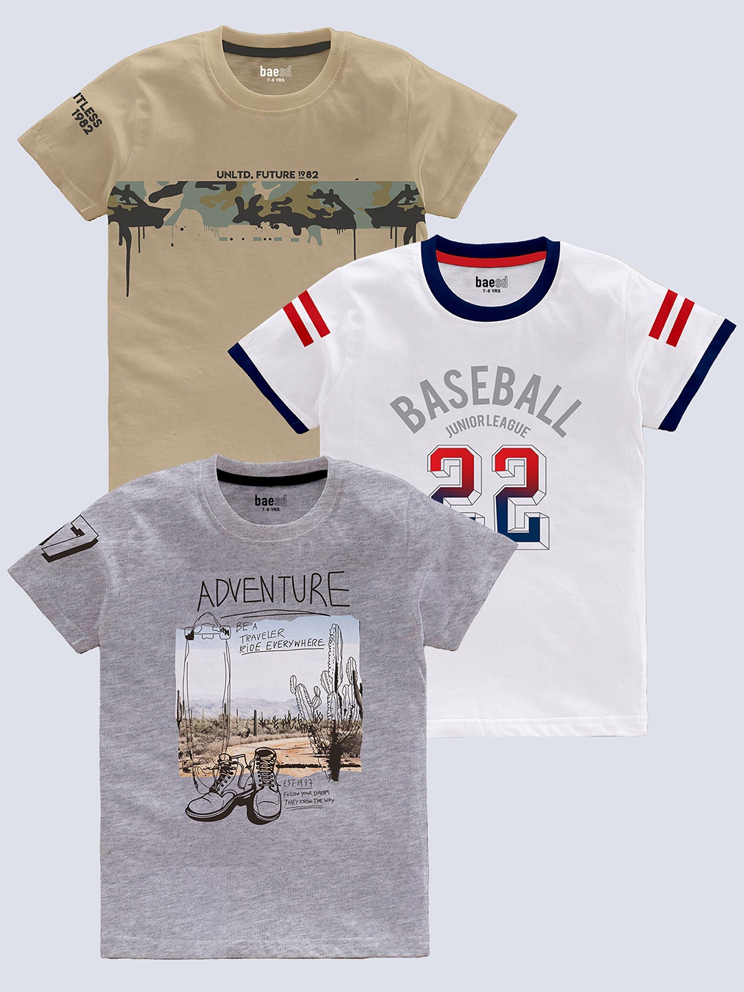 

BAESD Boys Pack Of 3 Typography Printed Pure Cotton T-shirt, Grey