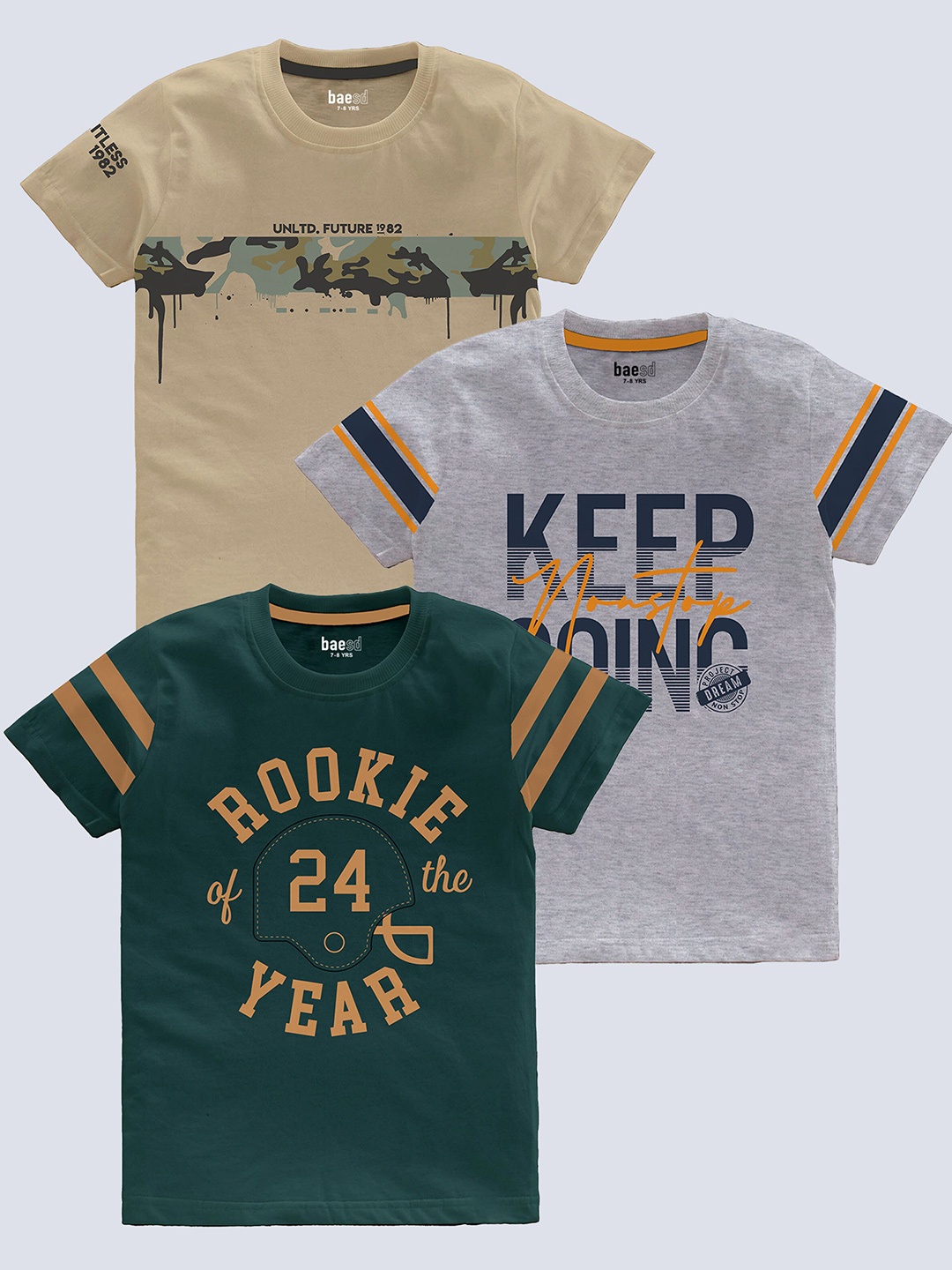 

BAESD Boys Pack Of 3 Typography Printed Pure Cotton T-shirt, Green