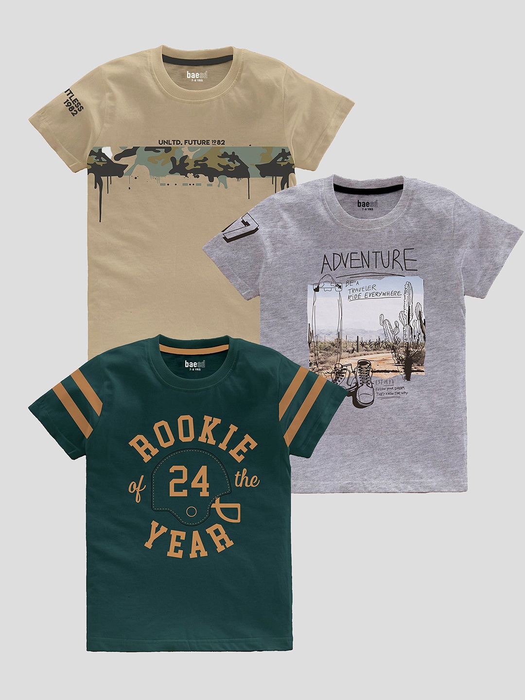

BAESD Boys Pack Of 3 Typography Printed Pure Cotton T-shirt, Grey
