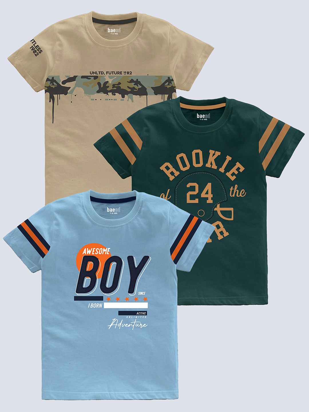 

BAESD Boys Pack Of 3 Typography Printed Pure Cotton T-shirt, Beige