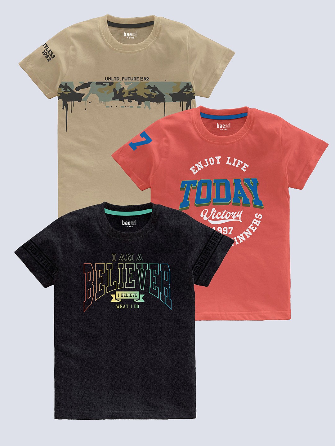 

BAESD Boys Pack Of 3 Typography Printed Pure Cotton T-shirt, Coral