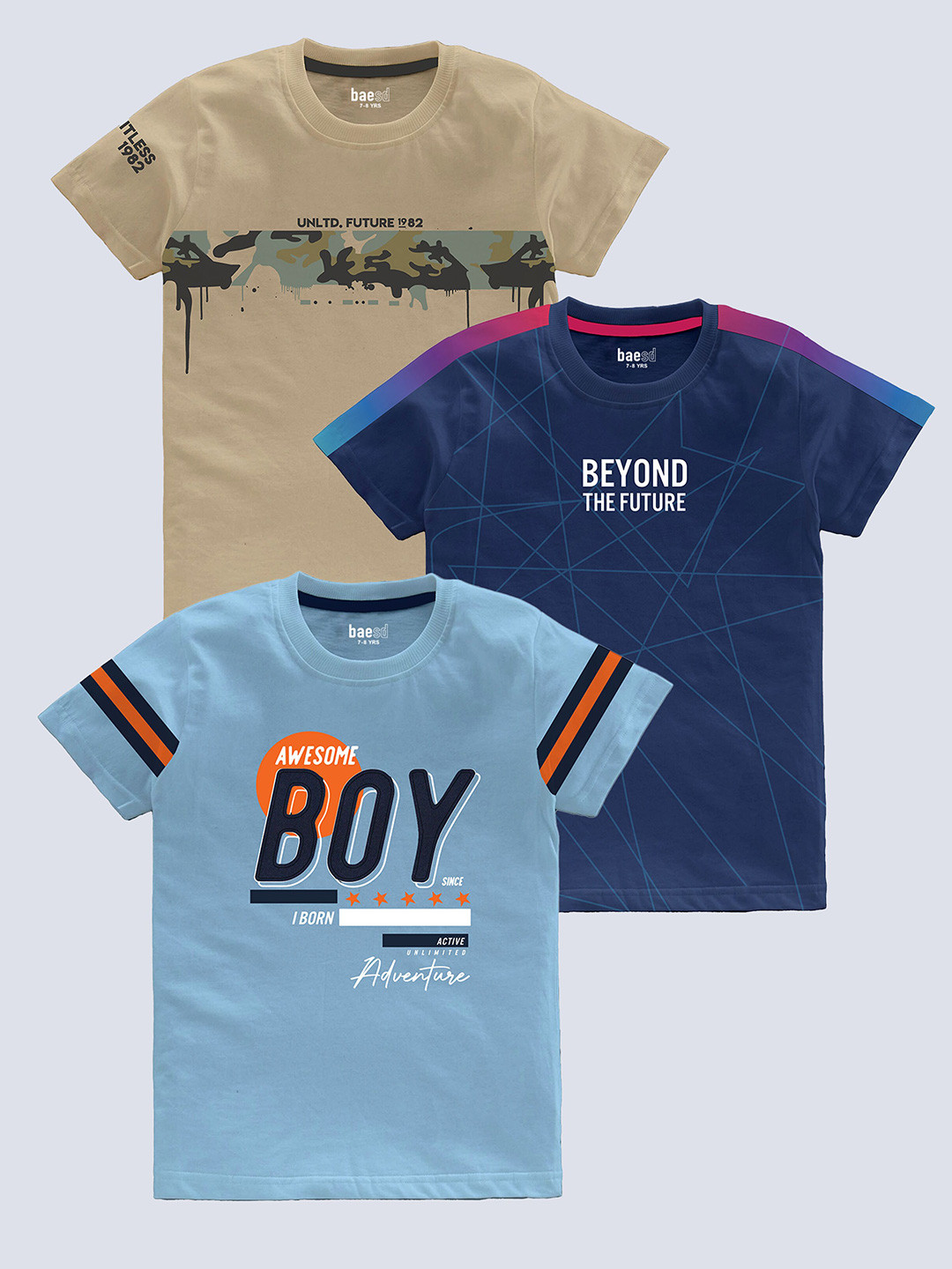 

BAESD Boys Pack Of 3 Typography Printed Pure Cotton T-shirt, Blue