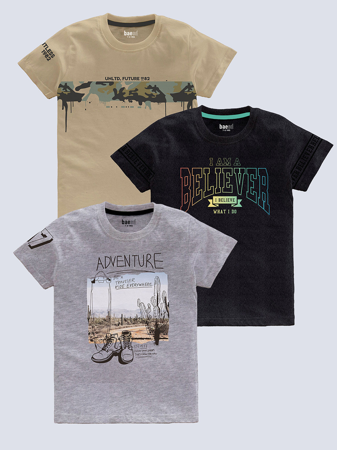 

BAESD Boys Pack Of 3 Typography Printed Pure Cotton T-shirt, Beige