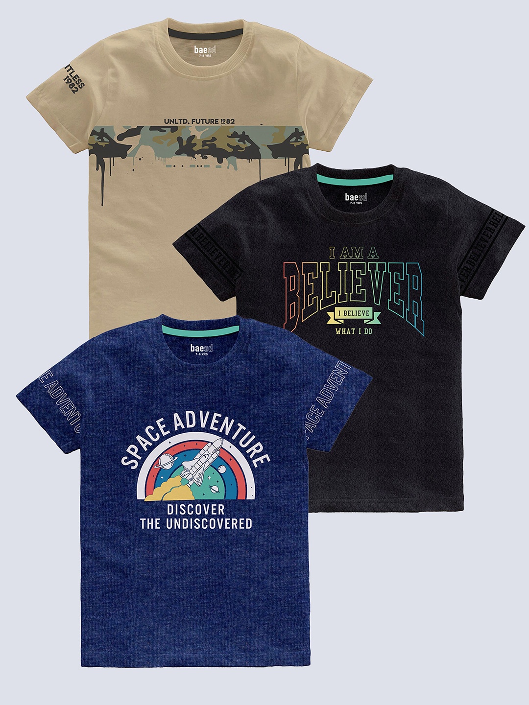 

BAESD Boys Pack Of 3 Typography Printed Pure Cotton T-shirt, Beige