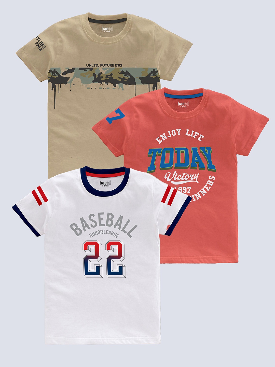 

BAESD Boys Pack Of 3 Typography Printed Pure Cotton T-shirt, Beige
