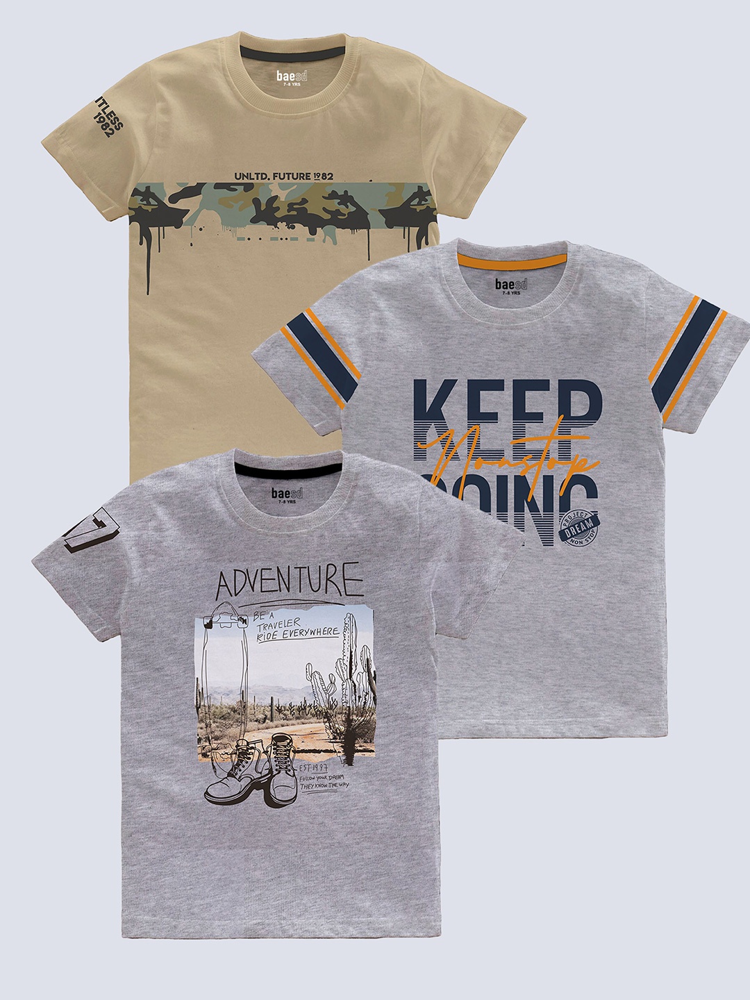 

BAESD Boys Pack Of 3 Typography Printed Pure Cotton T-shirt, Grey melange
