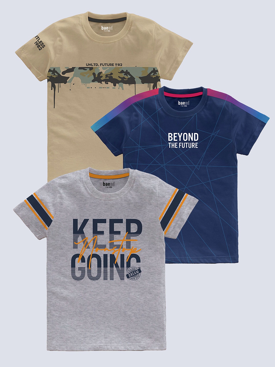 

BAESD Boys Pack Of 3 Typography Printed Pure Cotton T-shirt, Grey