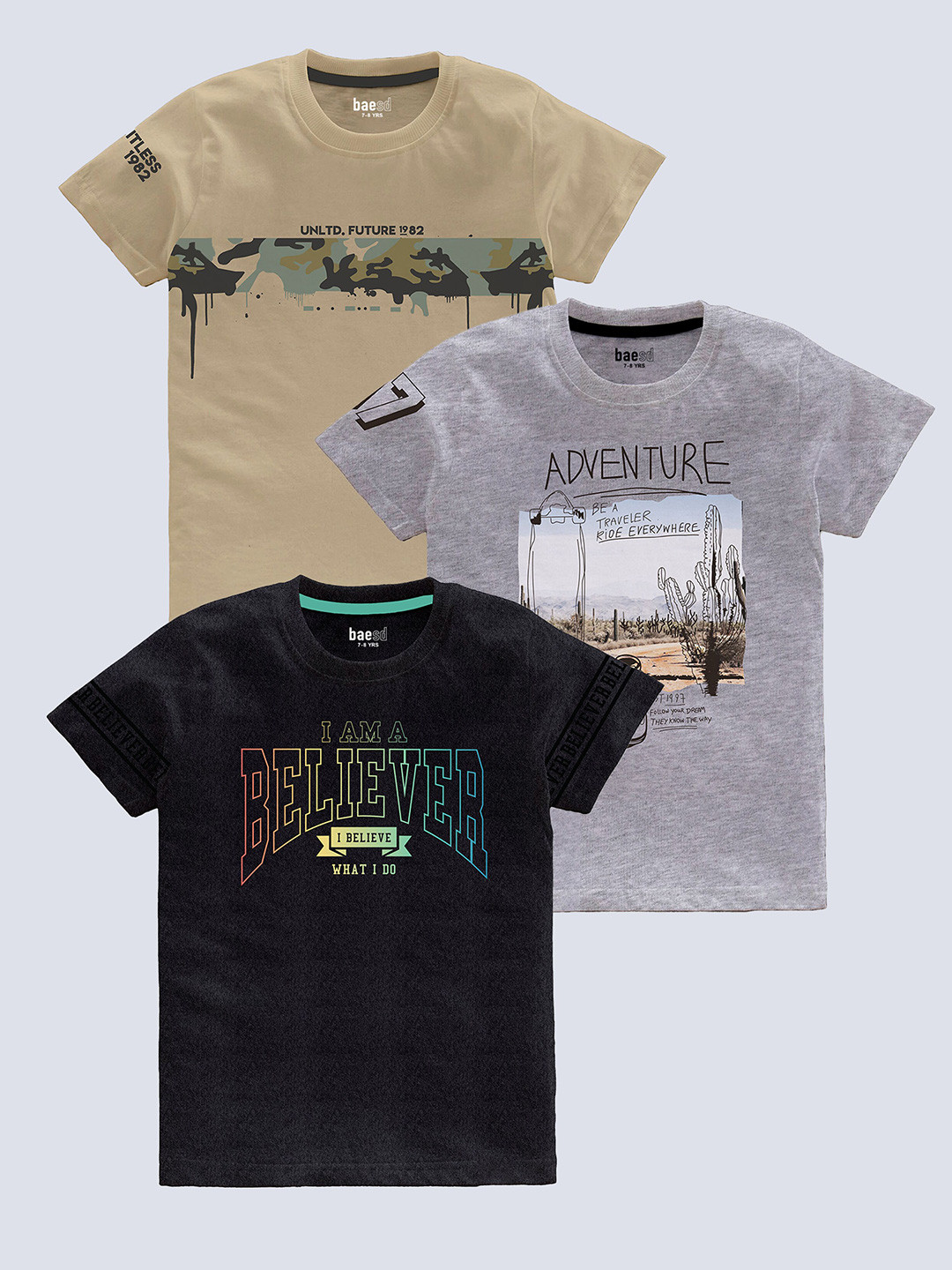 

BAESD Boys Pack Of 3 Typography Printed Pure Cotton T-shirt, Black