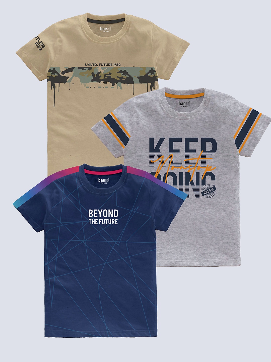 

BAESD Boys Pack Of 3 Typography Printed Pure Cotton T-shirt, Blue