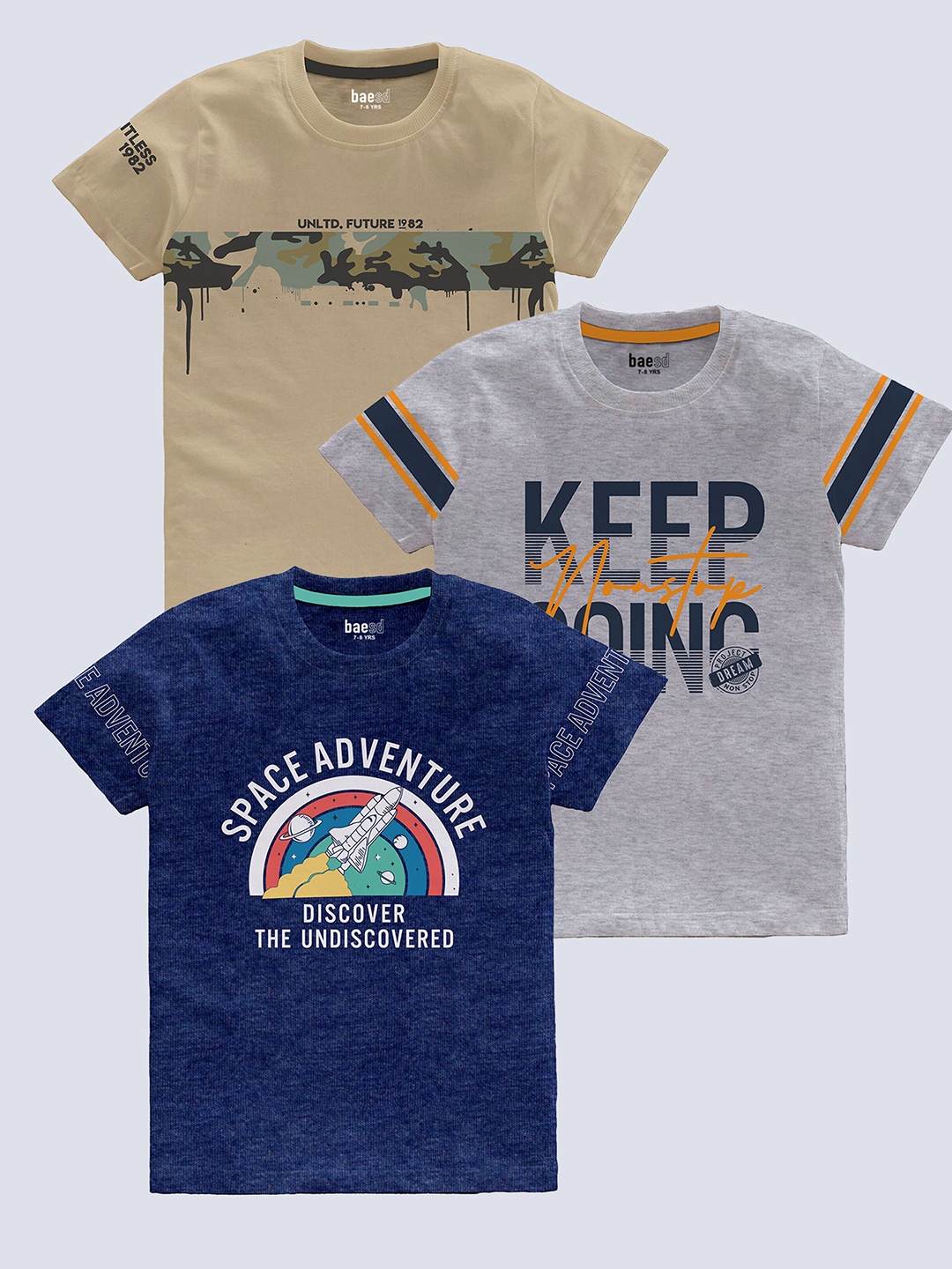 

BAESD Boys Pack Of 3 Typography Printed Cotton T-shirt, Beige