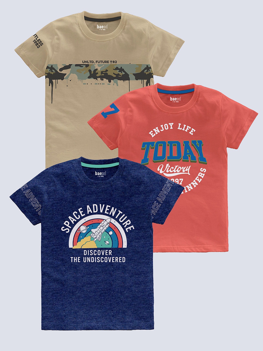 

BAESD Boys Pack Of 3 Typography Printed Cotton T-shirt, Multi