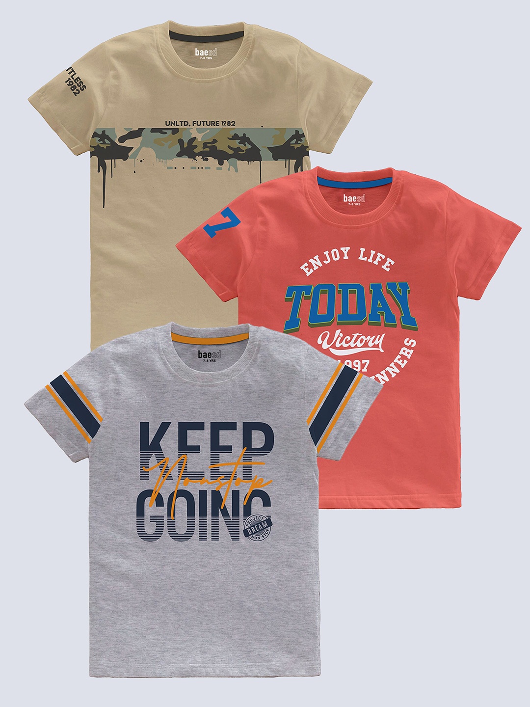 BAESD Boys Pack Of 3 Typography Printed Cotton T-shirt, Beige