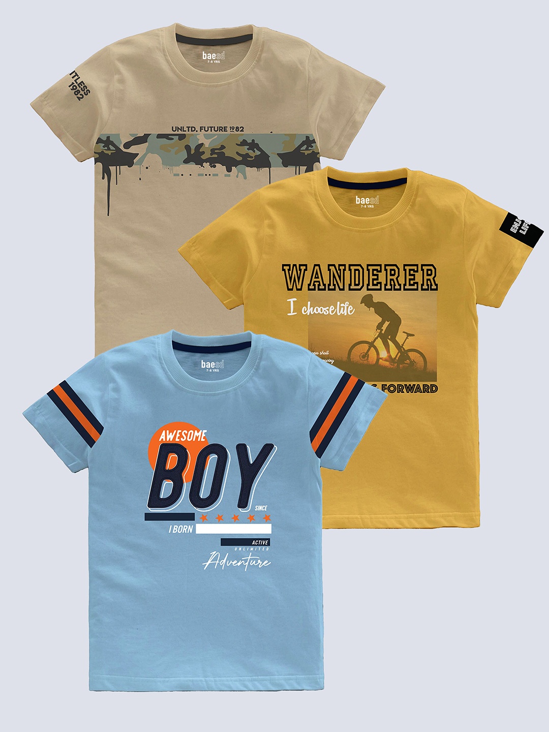 

BAESD Boys Pack Of 3 Typography Printed Cotton T-shirt, Beige