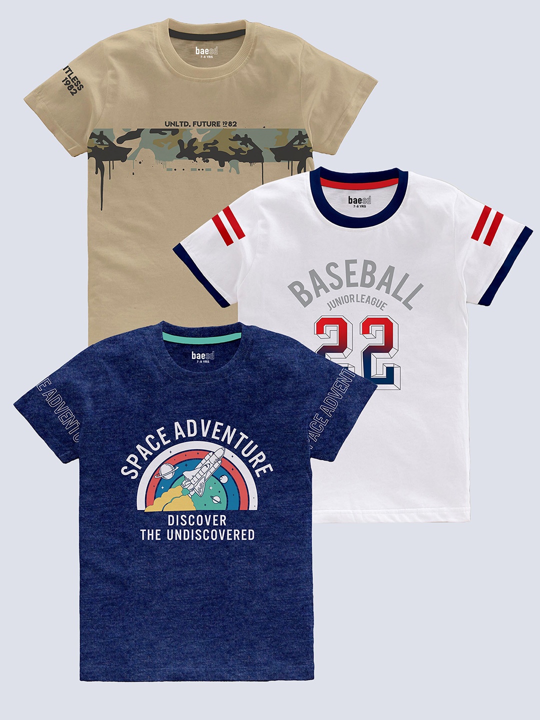 

BAESD Boys Pack Of 3 Typography Printed Cotton T-shirt, Beige