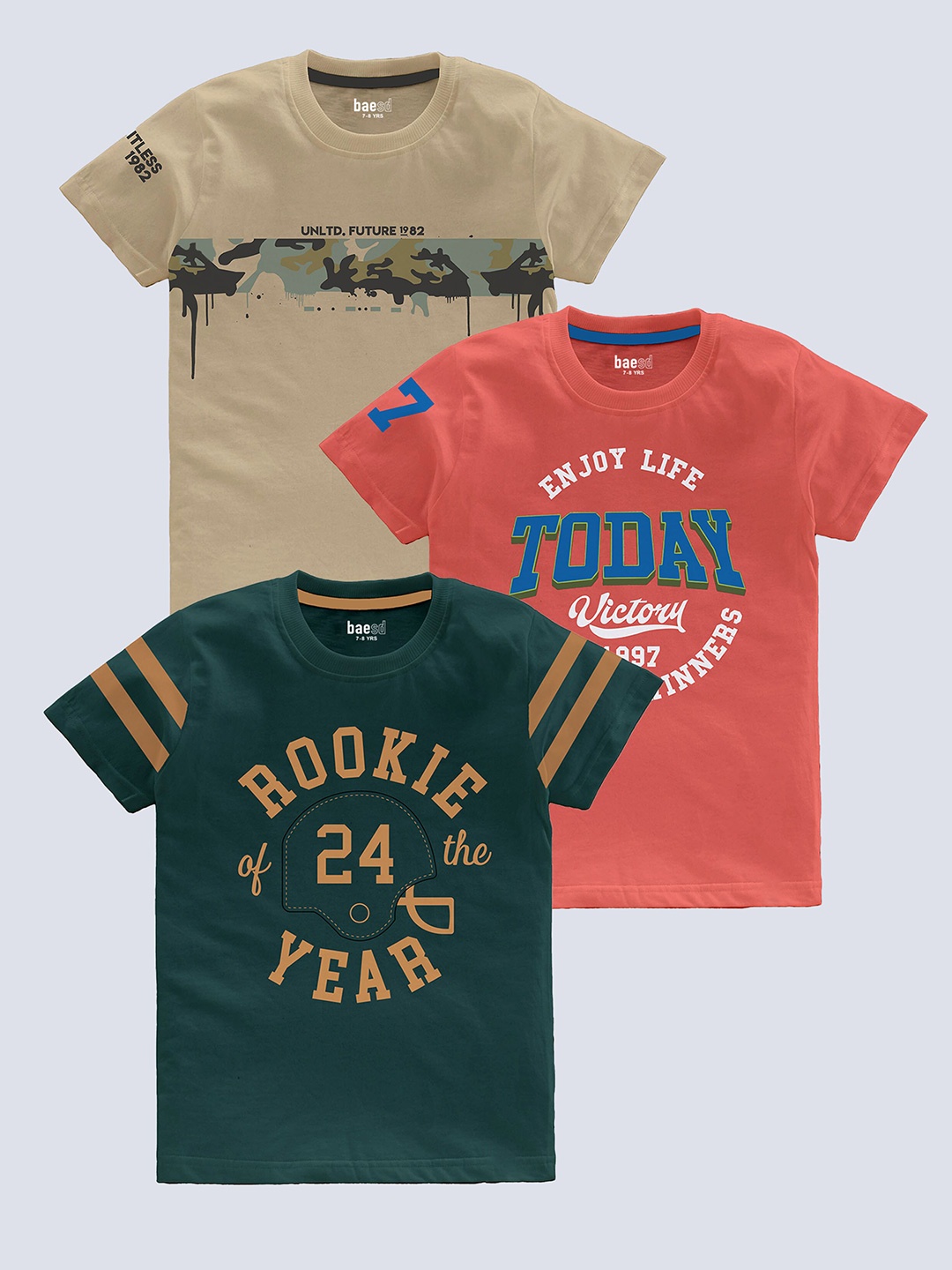 BAESD Boys Pack Of 3 Typography Printed Cotton T-shirt, Beige