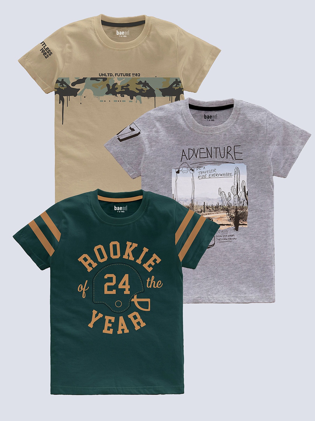

BAESD Boys Pack Of 3 Typography Printed Cotton T-shirt, Beige