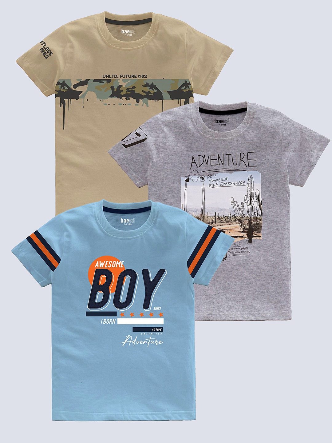 

BAESD Boys Pack Of 3 Typography Printed Cotton T-shirt, Beige