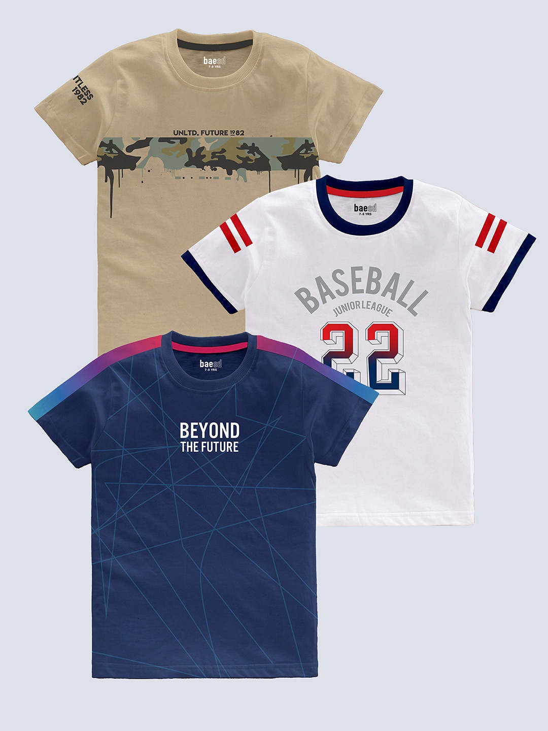 BAESD Boys Pack Of 3 Typography Printed Cotton T-shirt, Beige