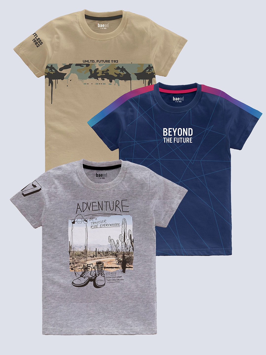 BAESD Boys Pack Of 3 Typography Printed Cotton T-shirt, Beige