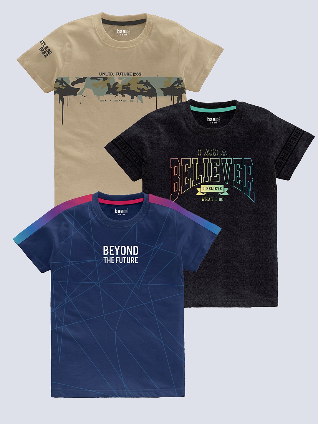 BAESD Boys Pack Of 3 Typography Printed Cotton T-shirt, Beige