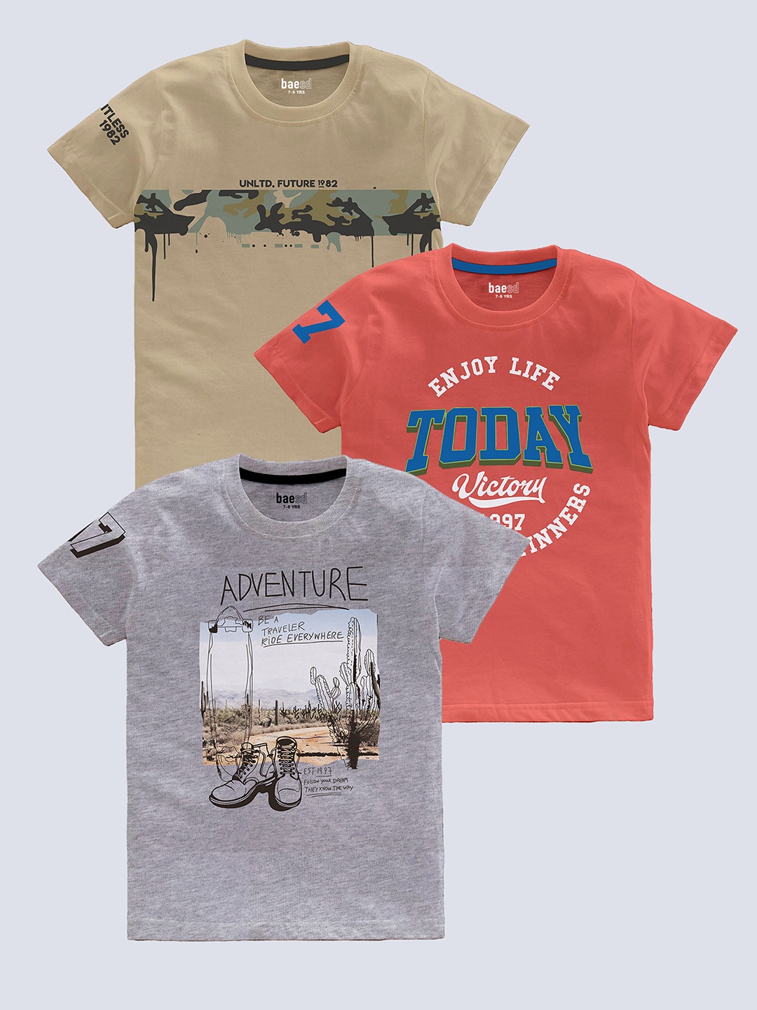

BAESD Boys Pack Of 3 Typography Printed Pure Cotton T-shirt, Grey melange