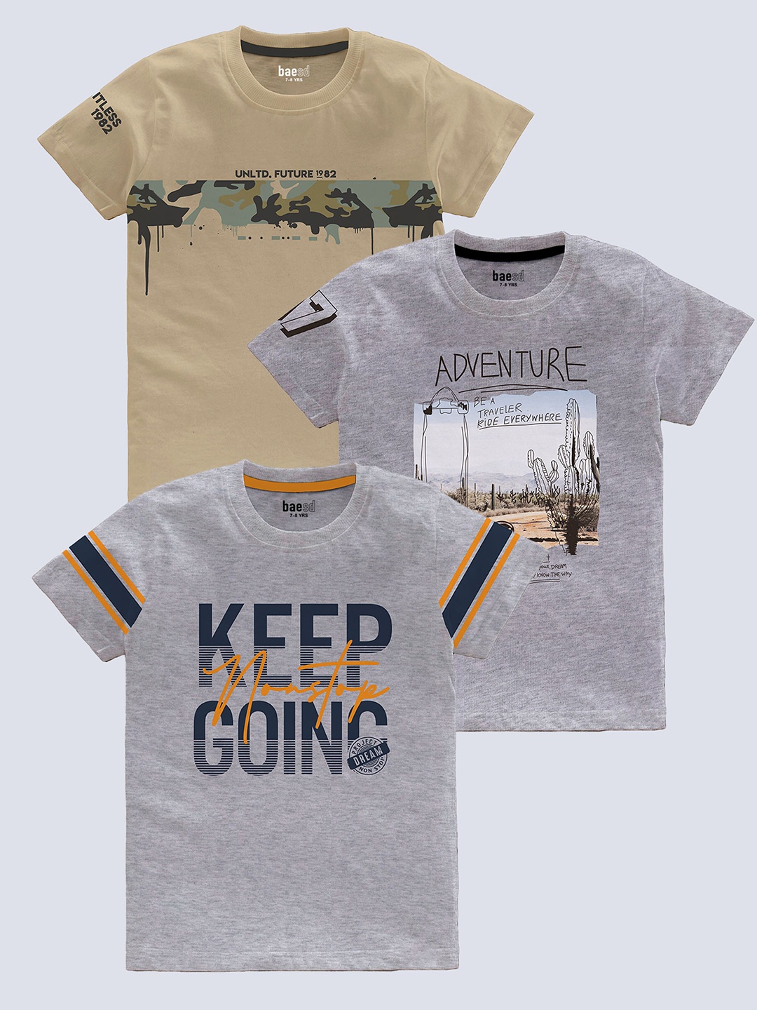

BAESD Boys Pack Of 3 Typography Printed Pure Cotton T-shirt, Grey