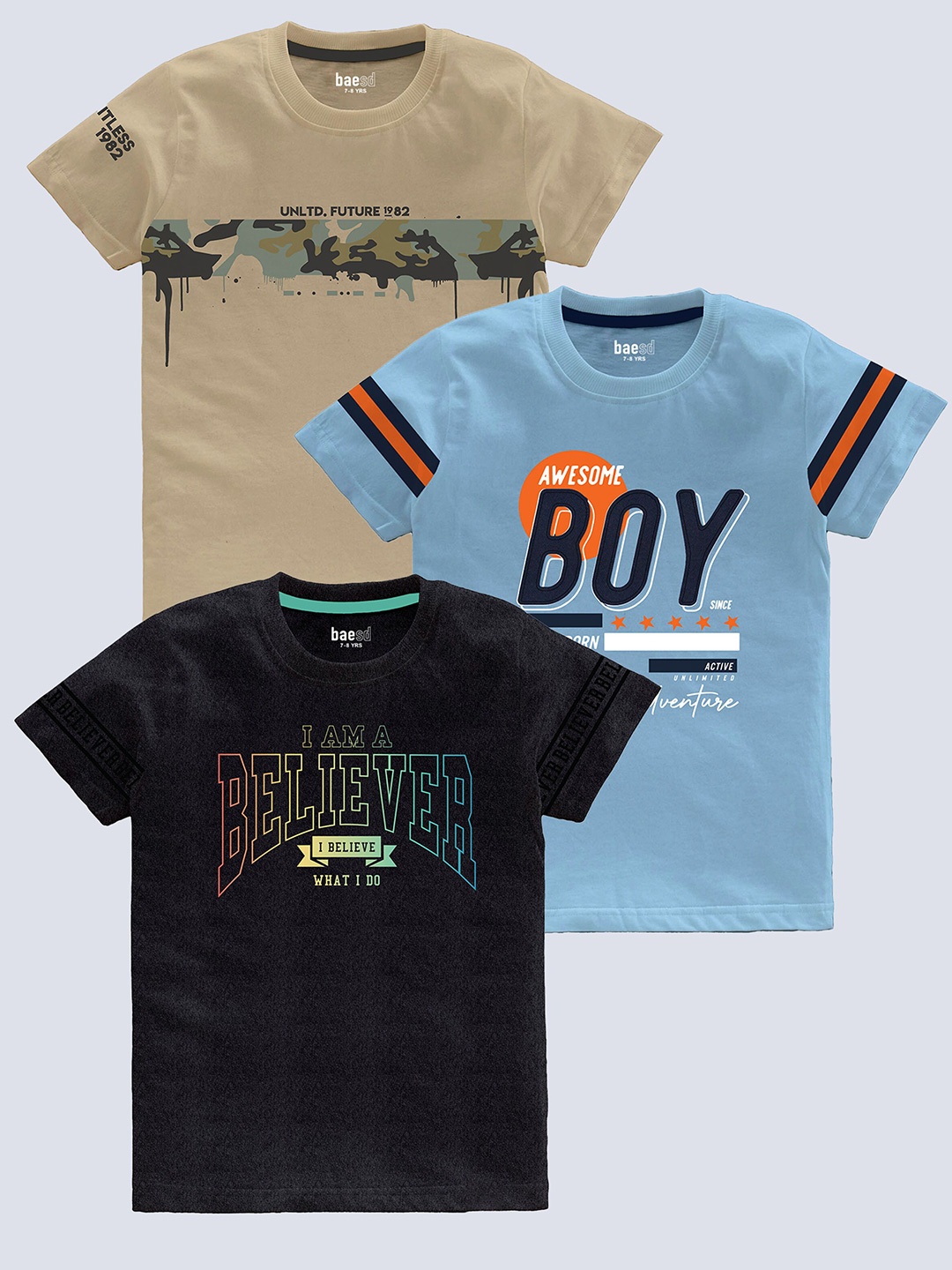 

BAESD Boys Pack Of 3 Typography Printed Pure Cotton T-shirt, Black