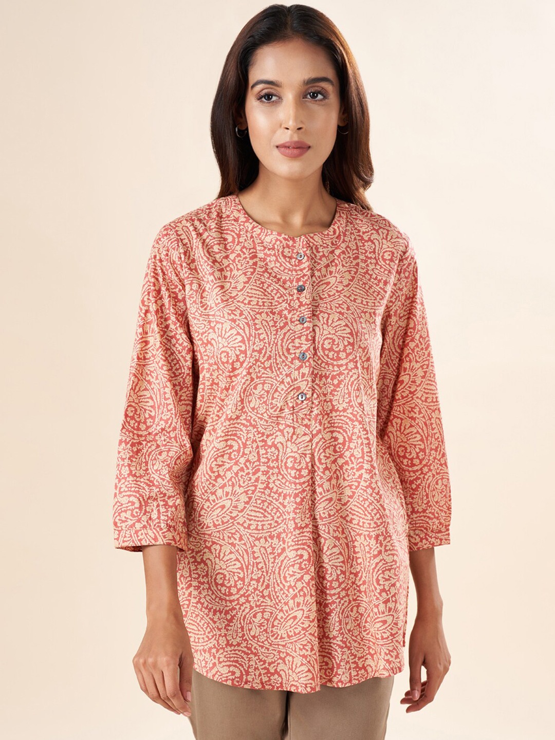 

AKKRITI BY PANTALOONS Mandarin Collar Ethnic Motifs Printed Cotton Tunic, Rust