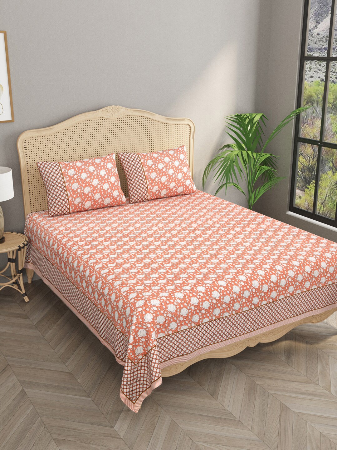 

Gulaab Jaipur Orange & White Ethnic Motifs Cotton 700 TC King Bedsheet & 2 Pillow Covers