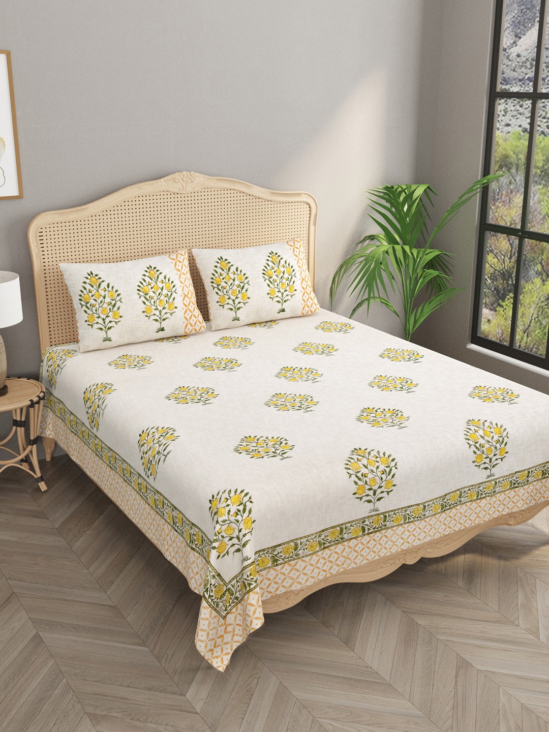 

Gulaab Jaipur Cream Printed 500 TC Jute Double King Bed Cover With 2 Pillow Covers