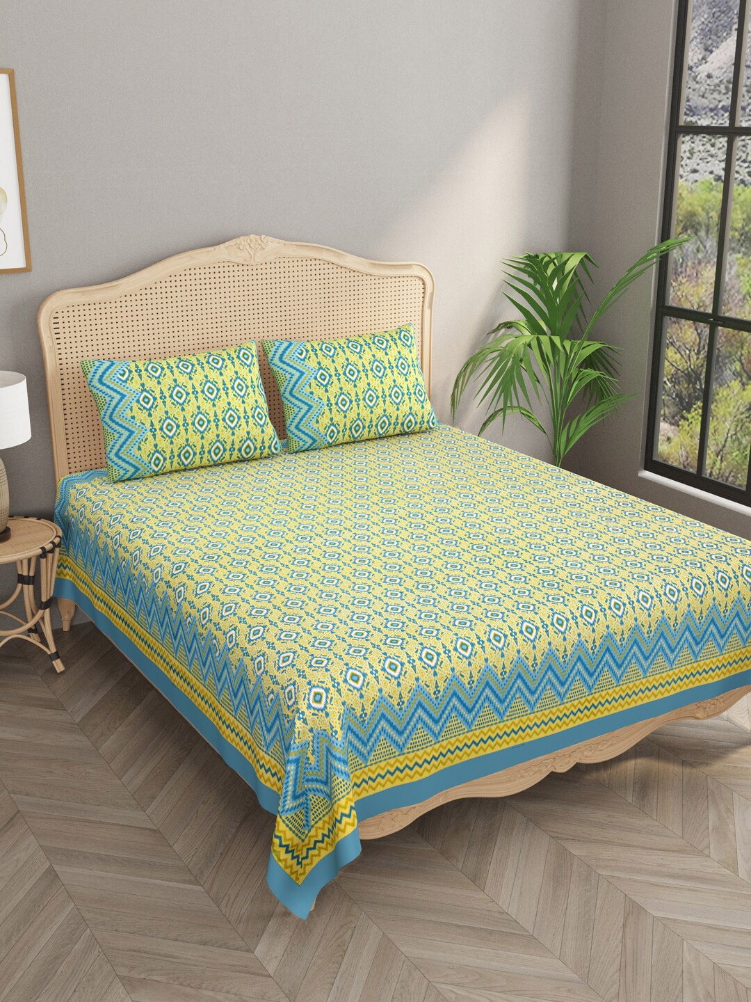 

Gulaab Jaipur Yellow Ethnic Motifs Cotton 700 TC King Bedsheet with 2 Pillow Covers