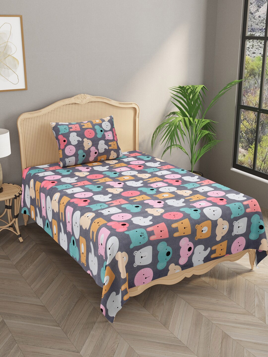 

Gulaab Jaipur Grey & Pink Conversational 210 TC Single Bedsheet with 1 Pillow Cover