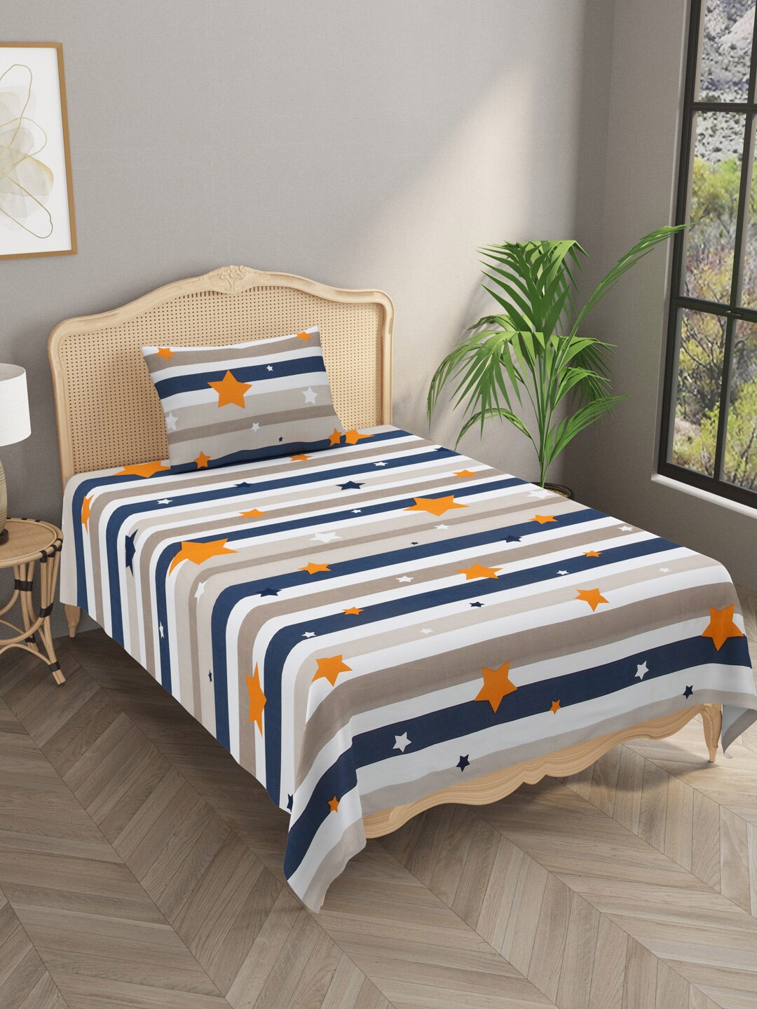 

Gulaab Jaipur Blue & White Striped 210 TC Single Bedsheet with 1 Pillow Cover