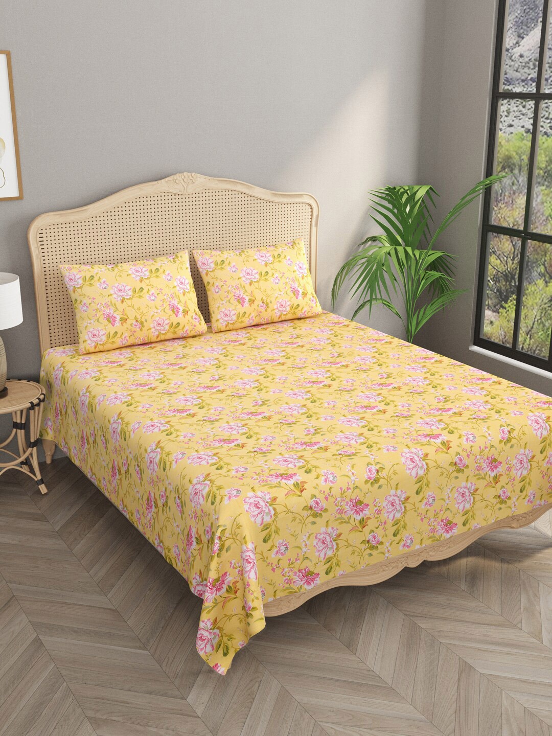 

Gulaab Jaipur Yellow & Pink Floral Cotton 700 TC King Bedsheet With 2 Pillow Covers