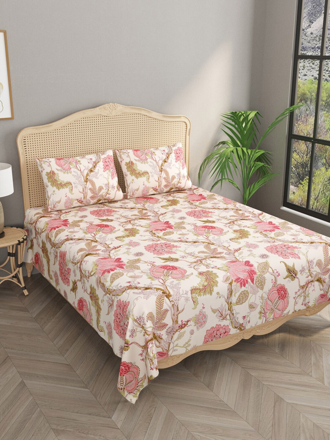 

Gulaab Jaipur Cream-Coloured & Pink Floral 1000 TC Cotton King Bedsheet & 2 Pillow Covers