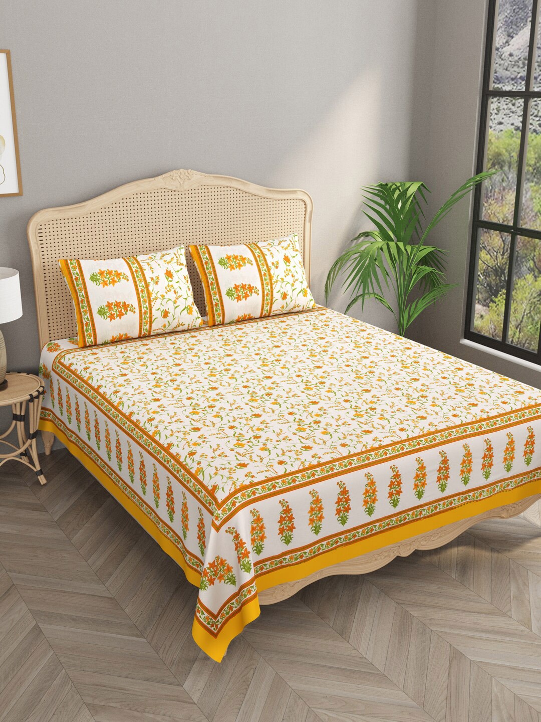 

Gulaab Jaipur Orange & Green Ethnic Motifs Cotton 700 TC King Bedsheet & 2 Pillow Covers