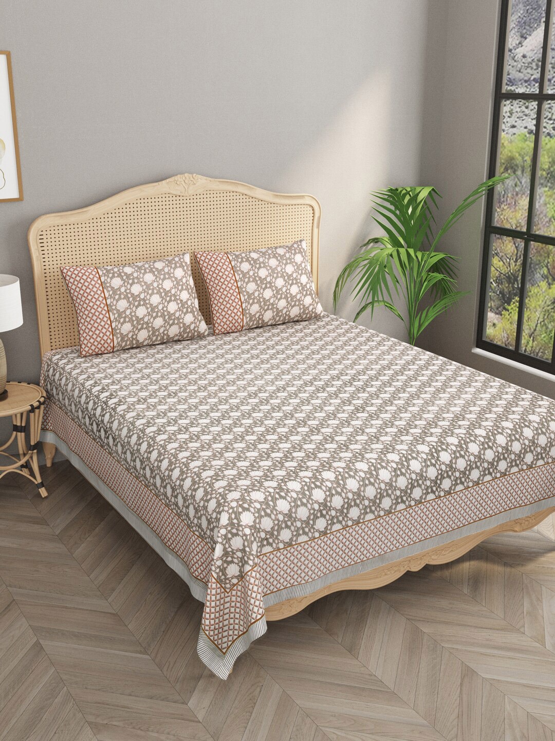 

Gulaab Jaipur Grey Ethnic Motifs Cotton 700 TC King Bedsheet with 2 Pillow Covers