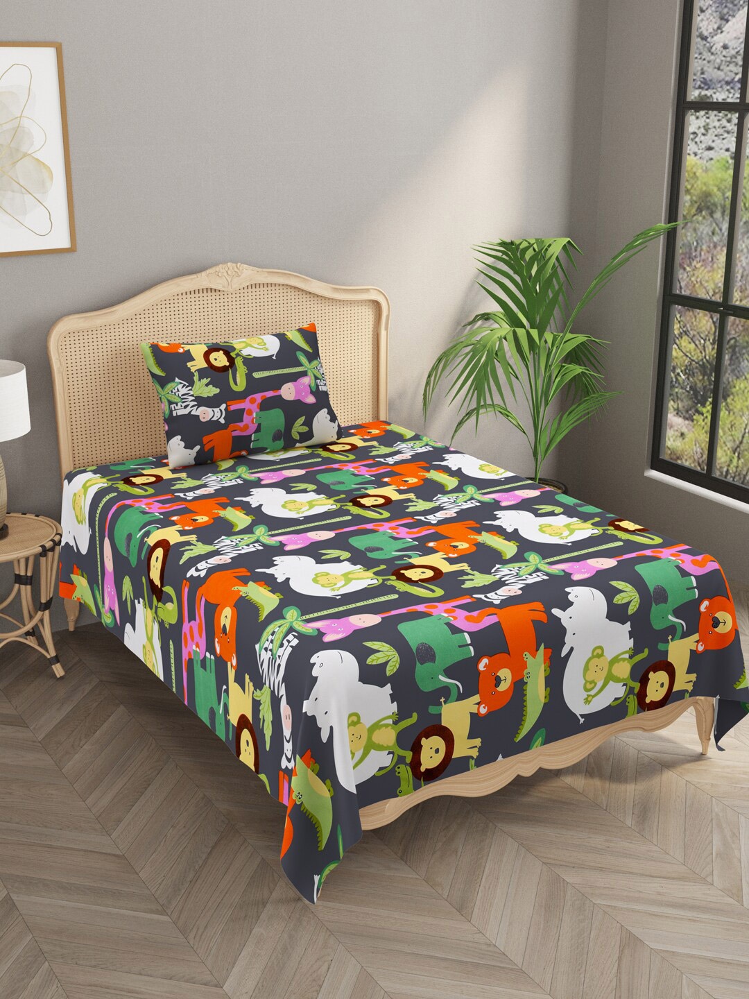 

Gulaab Jaipur Grey & Orange Graphic Polycotton 210 TC Single Bedsheet & 1 Pillow Cover