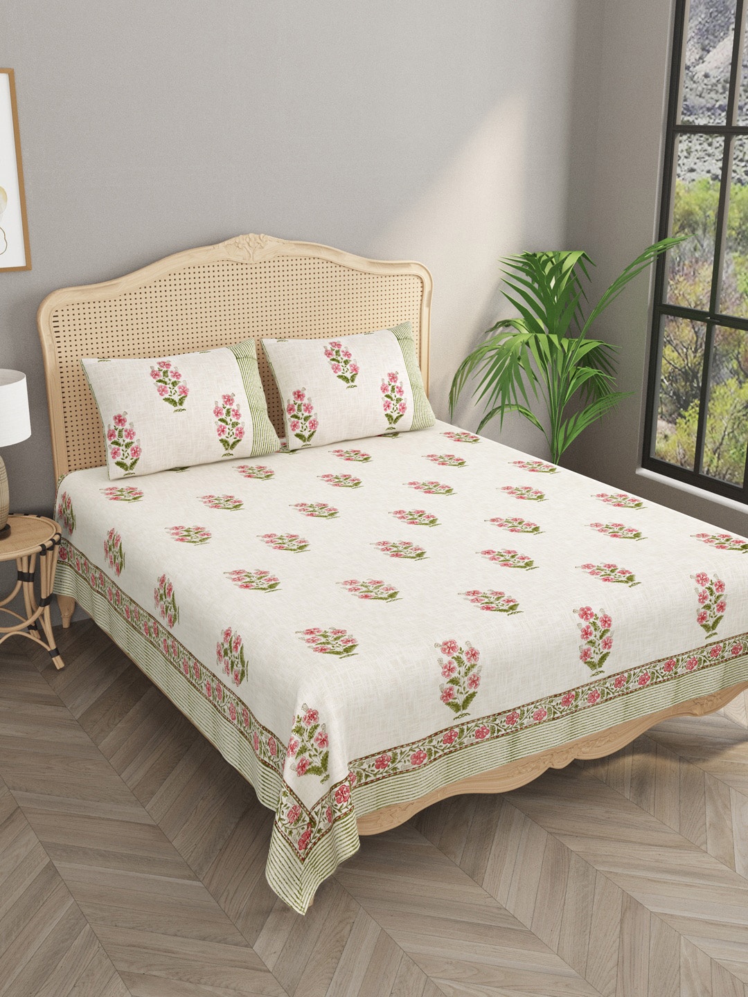 

Gulaab Jaipur Cream Printed 500 TC Jute Double King Bed Cover With 2 Pillow Covers