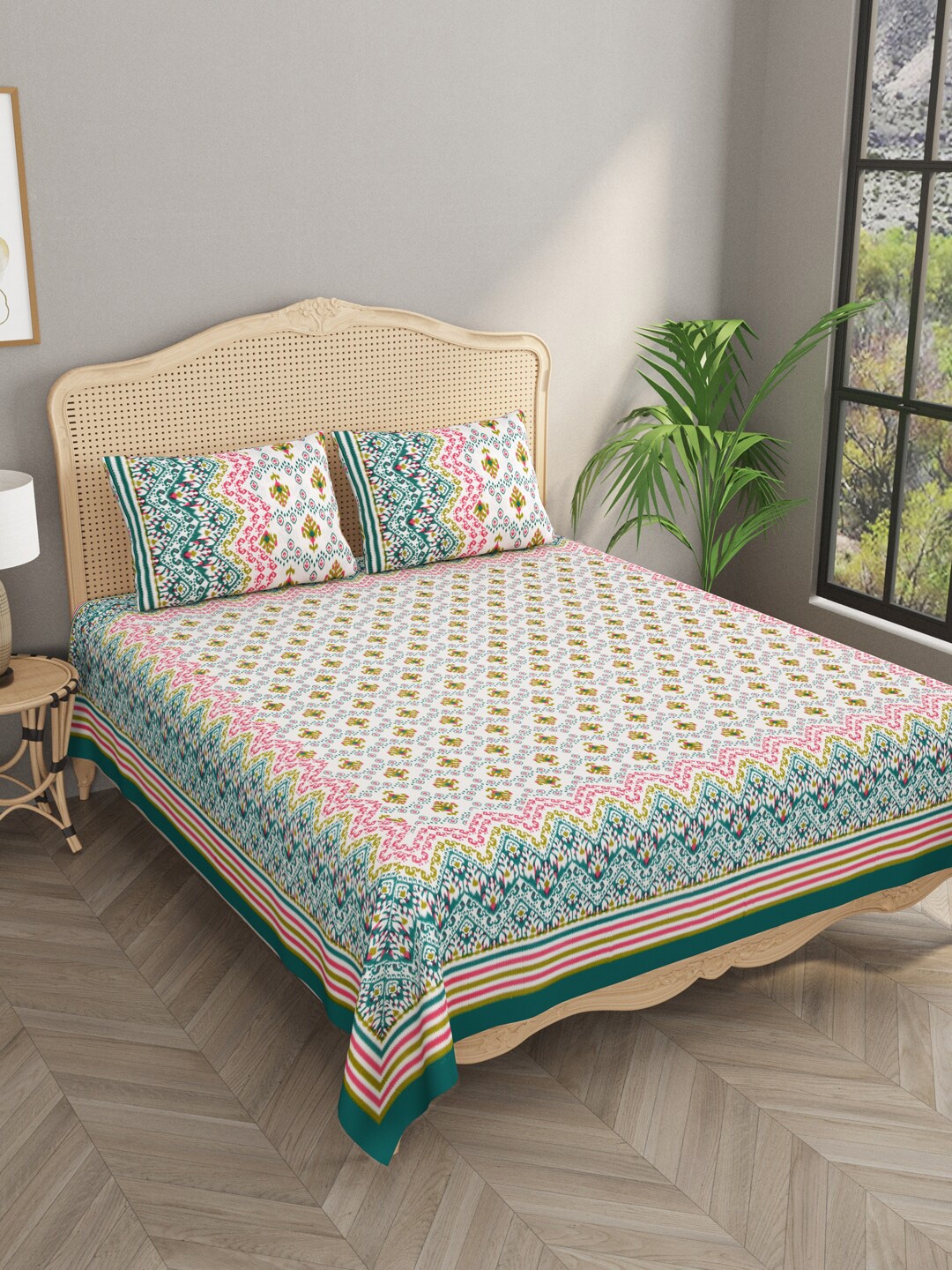 

Gulaab Jaipur Green & White Ethnic Motifs Cotton 700 TC King Bedsheet With 2 Pillow Covers
