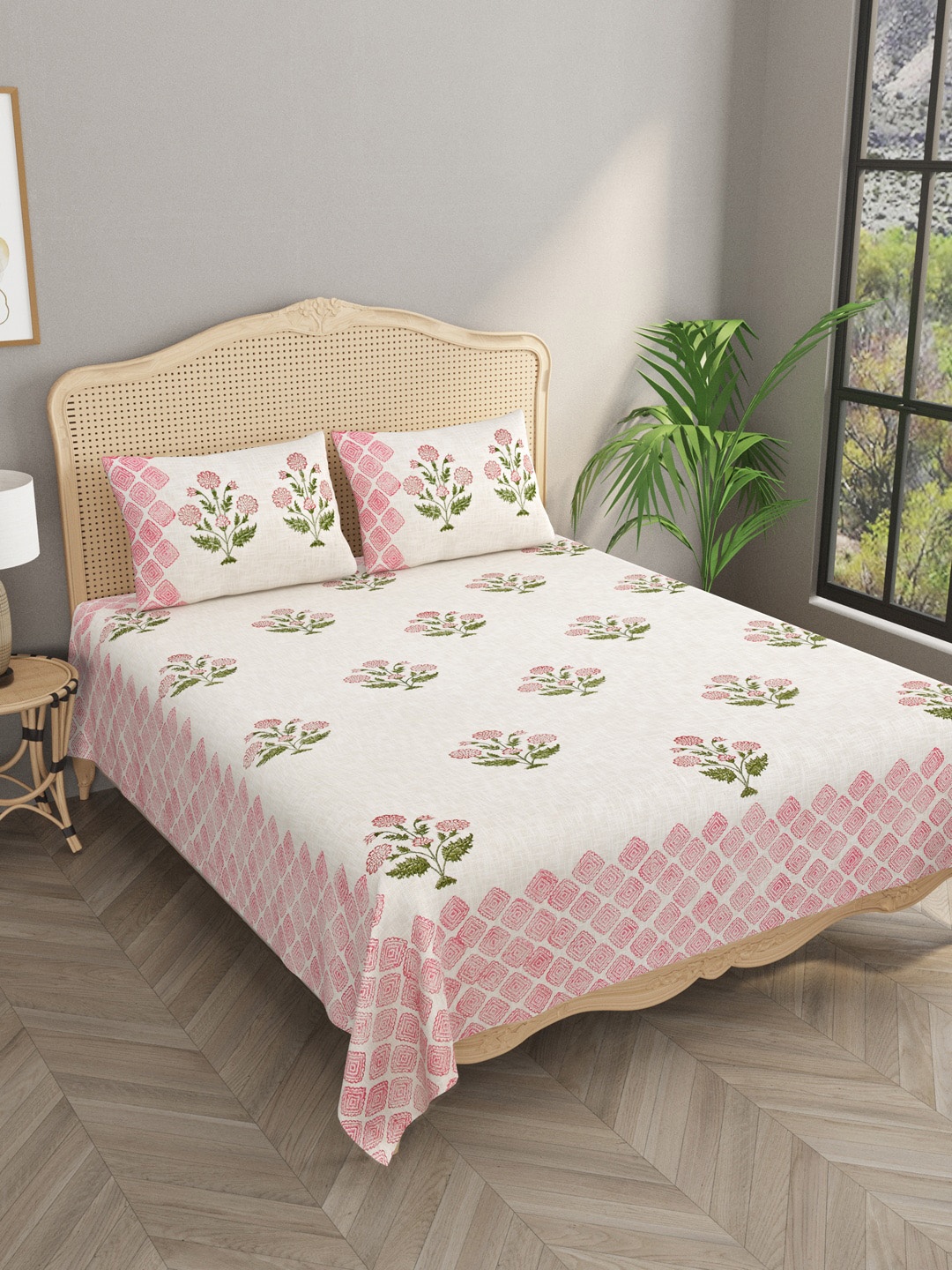 

Gulaab Jaipur Cream Printed 500 TC Jute Double King Bed Cover With 2 Pillow Covers