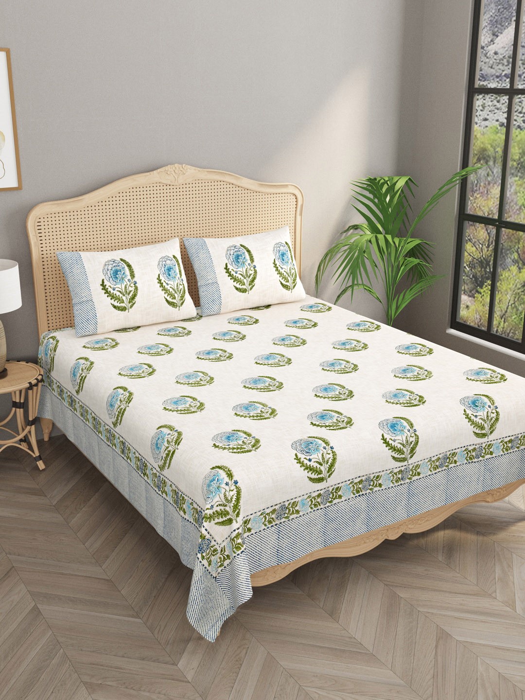 

Gulaab Jaipur Cream Printed 500 TC Jute Double King Bed Cover With 2 Pillow Covers