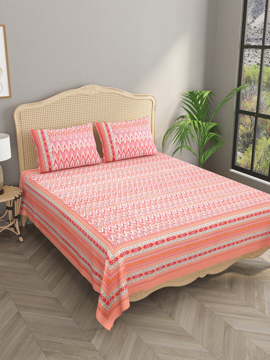 

Gulaab Jaipur Coral & White Ethnic Motifs Cotton 700 TC King Bedsheet With 2 Pillow Covers