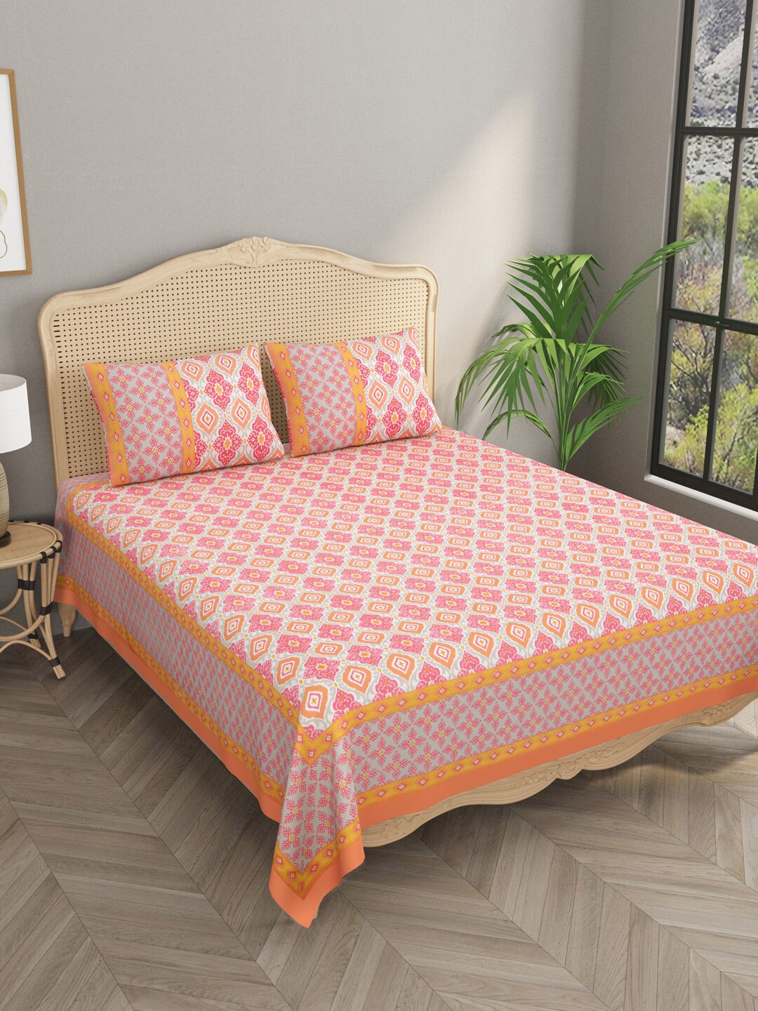 

Gulaab Jaipur Pink Ethnic Motifs Cotton 700 TC King Bedsheet with 2 Pillow Covers