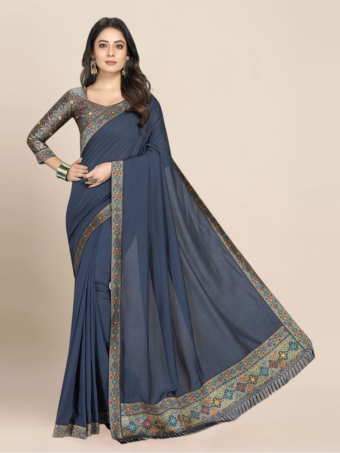 

Anjaneya Sarees Zari Woven Design Bordered Saree, Grey