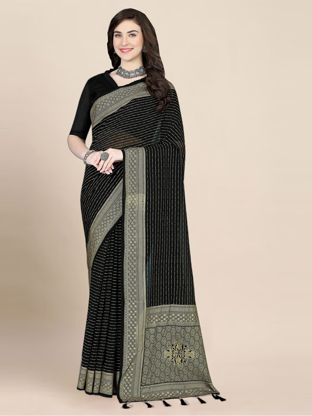

Anjaneya Sarees Woven Design Border detail Zari Saree, Black