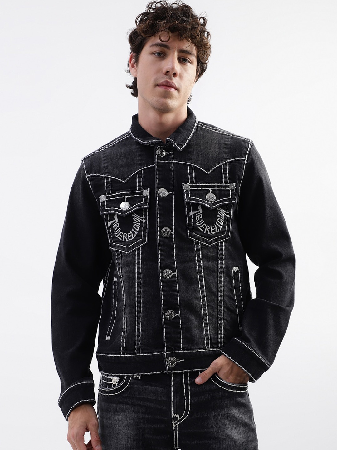 

True Religion Washed Spread Collar Denim Jacket With Embroidered, Black