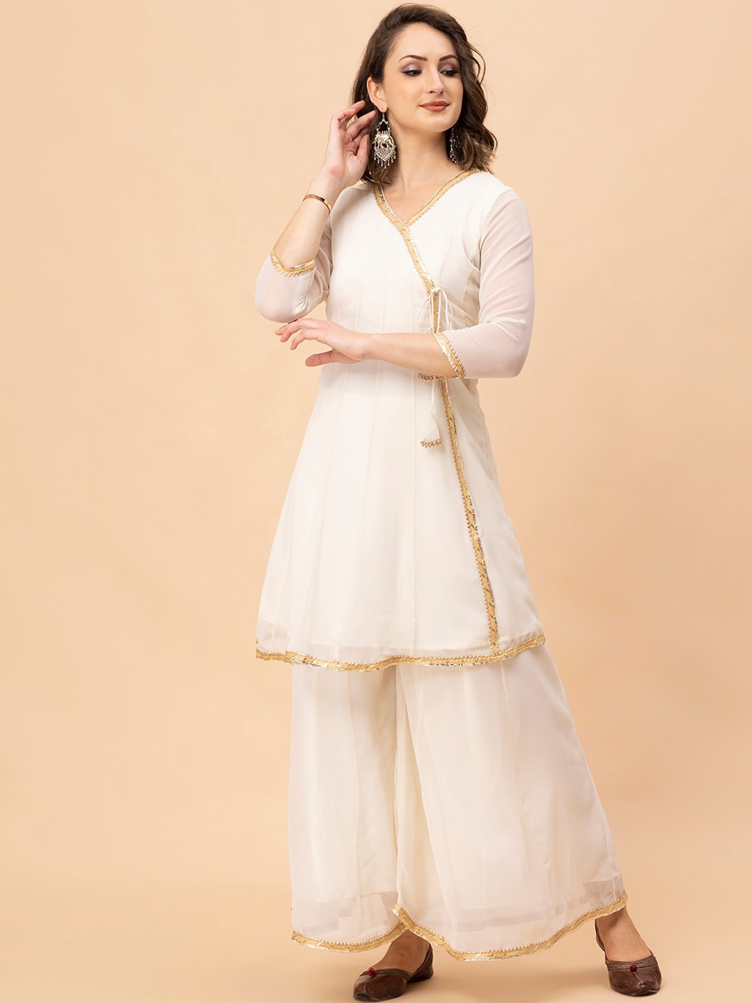 

MILU MADAN V-Neck Angrakha A-Line Kurta with Palazzos & With Dupatta, Off white